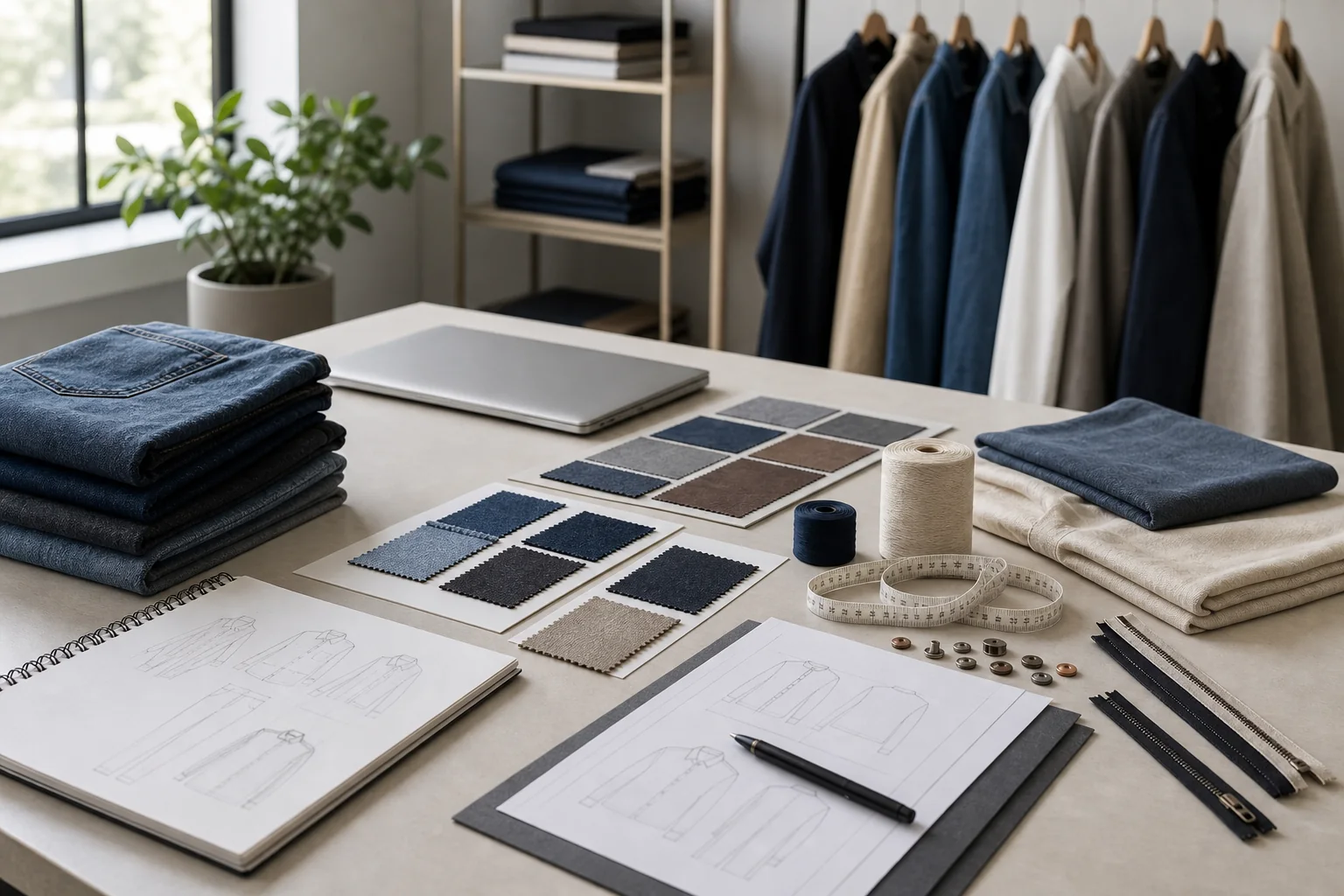 Apparel sourcing workspace with fabric swatches, denim samples, garment sketches, and production planning materials
