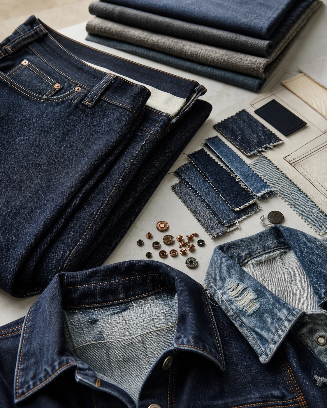 Denim jeans samples, washed denim fabrics, trims, and stitching details