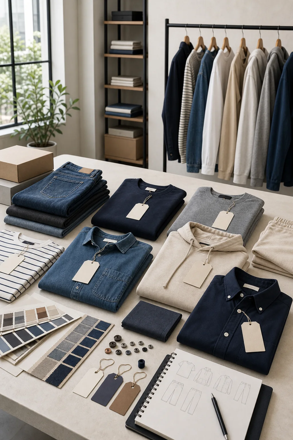 Private label apparel collection samples, fabric swatches, hangtags, packaging, and production notes