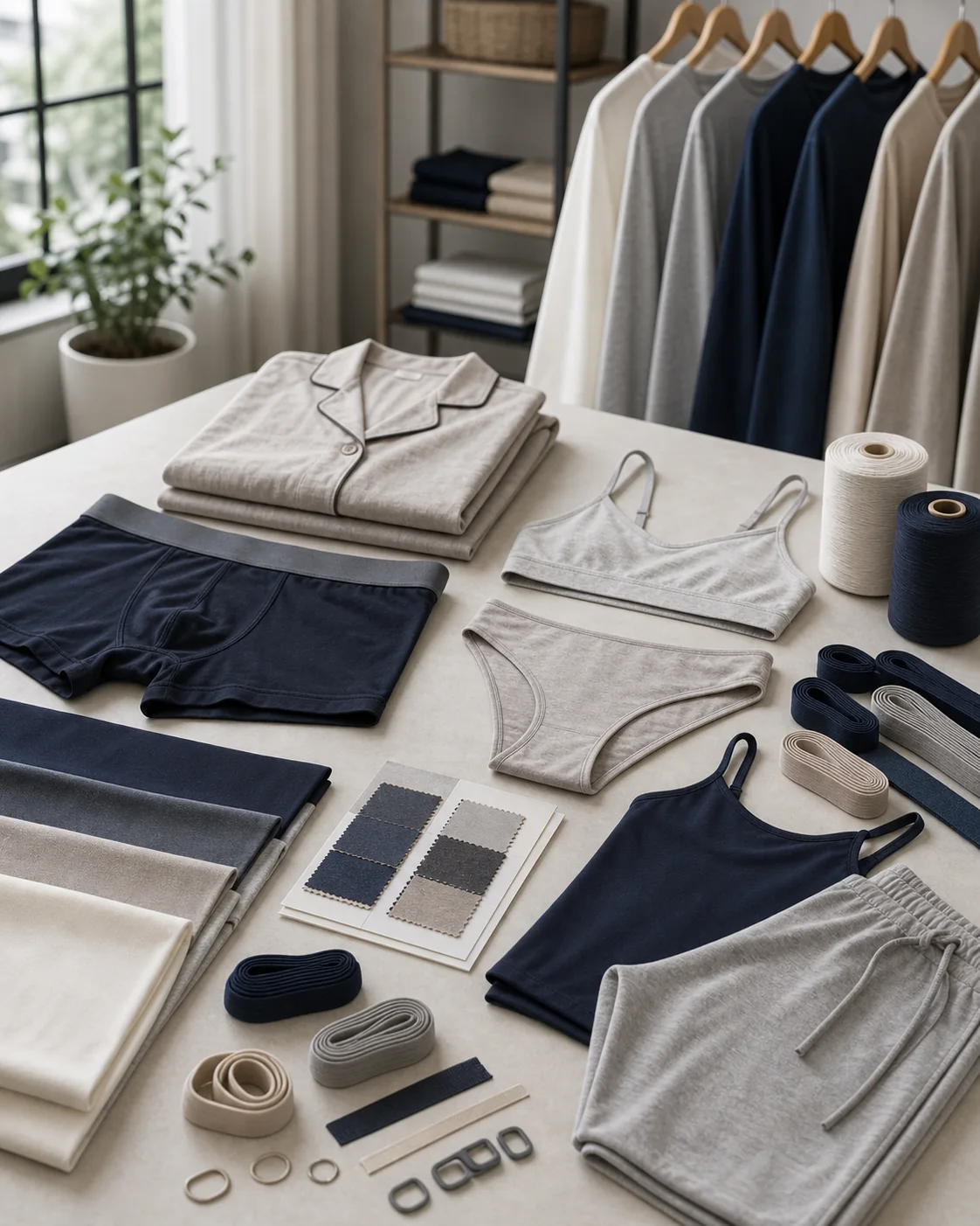 Soft underwear, loungewear, pajamas, elastic trims, and comfort-focused fabrics