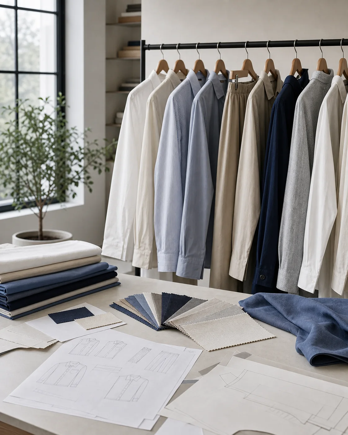 Woven shirts, blouses, trousers, jackets, fabric swatches, and pattern materials