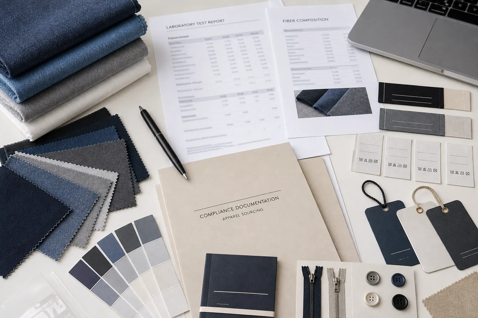 Fabric swatches, generic laboratory reports, fiber composition documents, trims, labels, and compliance documentation folder