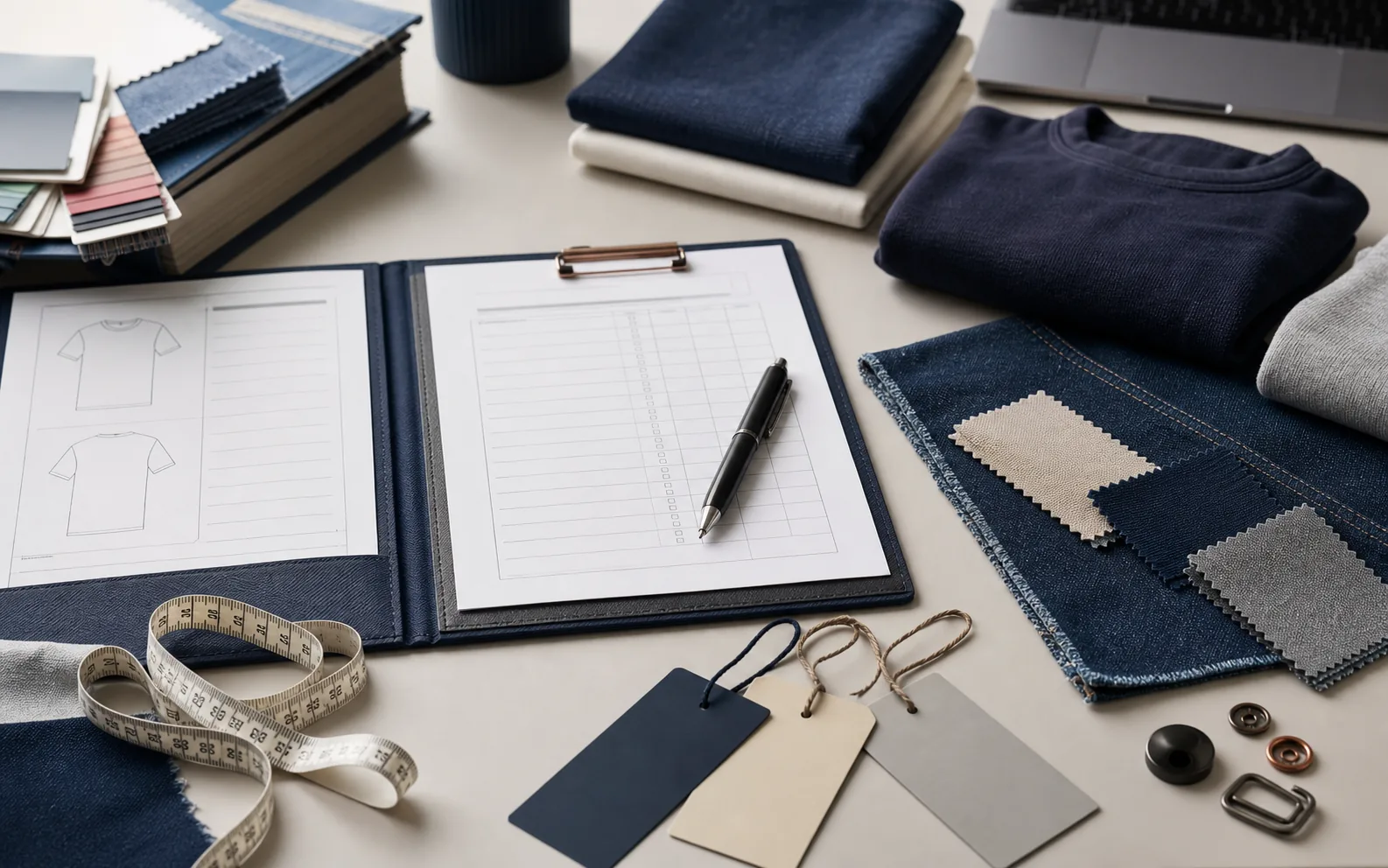 Production brief folder with garment sketches, fabric swatches, trims, measuring tape, and apparel inquiry notes