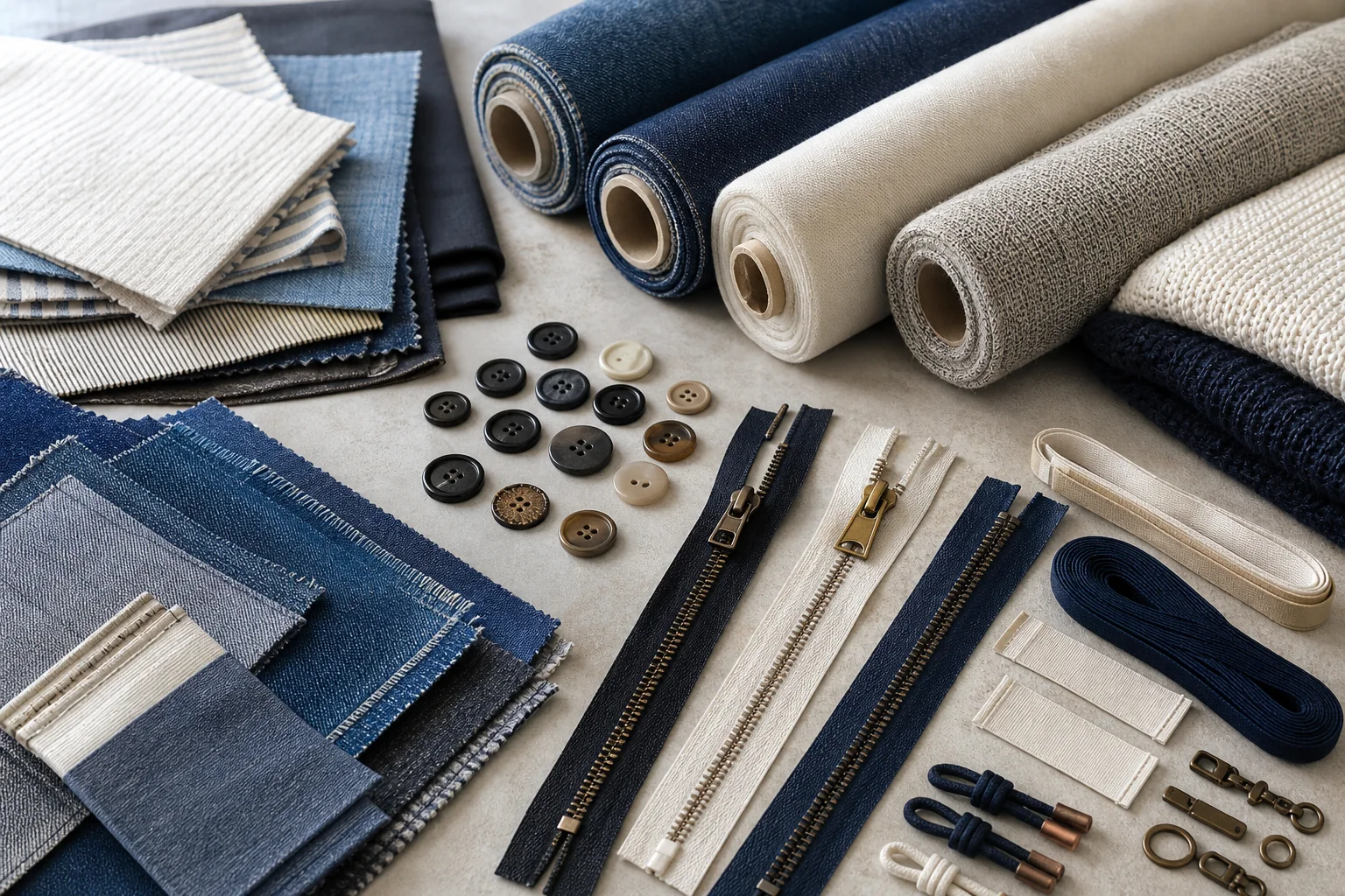 Fabric rolls, denim swatches, woven fabrics, knit fabrics, buttons, zippers, labels, and trims