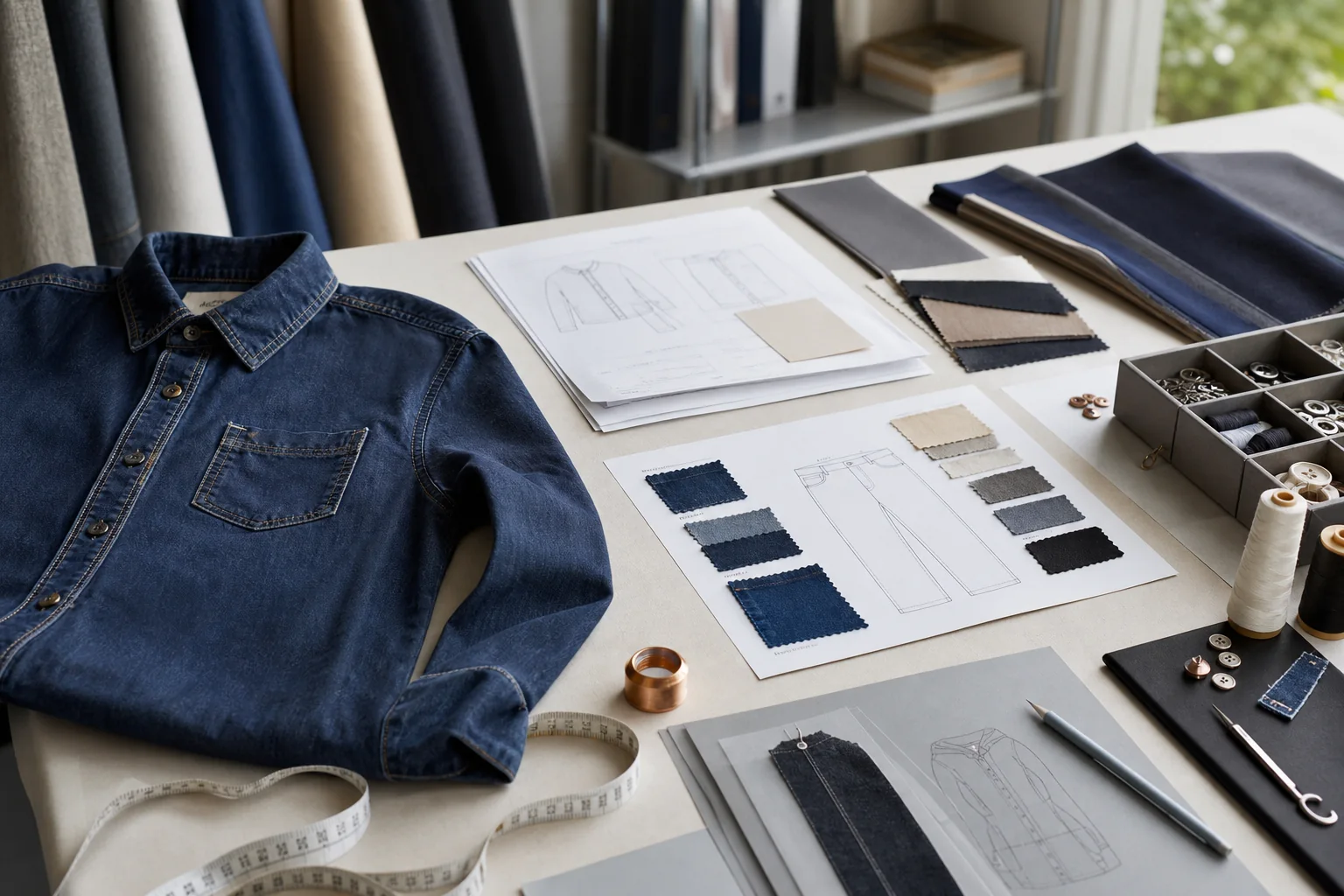 Sample garment, measuring tape, pattern paper, fabric swatches, trims, and technical development documents